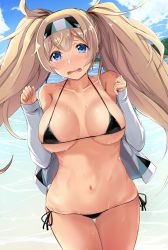 Rule 34 | 1girl, bare shoulders, beach, bikini, black bikini, blonde hair, blue eyes, blue sky, blush, breasts, breasts apart, cloud, collarbone, commentary request, day, gambier bay (kancolle), gin&#039;ichi (akacia), groin, hair between eyes, hairband, hands up, highres, jacket, kantai collection, large breasts, legs up, long hair, messy hair, micro bikini, navel, ocean, off shoulder, open clothes, open jacket, open mouth, outdoors, sand, side-tie bikini bottom, sidelocks, skindentation, sky, solo, stomach, swimsuit, tareme, tearing up, thighs, twintails, wet