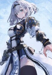 1girl armor belt blue_background blue_eyes blue_shirt breasts closed_mouth cowboy_shot expressionless fuyumurasaki grey_hair headband highres hololive loincloth medium_hair shirogane_noel shirt sketch solo virtual_youtuber wavy_hair white_shirt