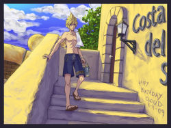 Rule 34 | 1990s (style), 1boy, ahvia, blonde hair, blue eyes, cloud strife, final fantasy, final fantasy vii, male focus, outdoors, retro artstyle, solo, square enix, stairs, towel