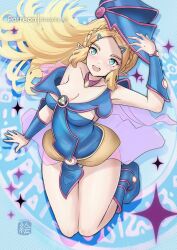 Rule 34 | 1girl, alternate costume, blonde hair, boots, braid, breasts, chascoby, cleavage, cosplay, crossover, dark magician girl, dark magician girl (cosplay), elf, green eyes, grin, hair ornament, hairclip, hat, highres, large breasts, legs, long hair, looking at viewer, medium breasts, nintendo, open mouth, pointy ears, princess zelda, sidelocks, skirt, smile, solo, the legend of zelda, the legend of zelda: tears of the kingdom, triforce, yu-gi-oh!
