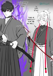 Rule 34 | 1boy, 1girl, absurdres, animal collar, artrum4, blush, closed eyes, closed mouth, collar, commentary, english commentary, english text, fate/grand order, fate/samurai remnant, fate (series), greyscale, hair over one eye, hakama, highres, holding, holding collar, japanese clothes, katana, kimono, long hair, miyamoto iori (fate), monochrome, one eye covered, partially colored, red eyes, short hair, short ponytail, sword, twitter username, weapon, wide sleeves, yui shousetsu (fate)