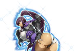 Rule 34 | amanomiya ayame, ass, back cutout, banpresto, bent over, bodysuit, breasts, clothing cutout, crotch, finger to mouth, hand on own ass, large breasts, long hair, looking at viewer, official art, ponytail, super robot wars, super robot wars x-omega, thighs