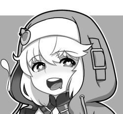 Rule 34 | 1boy, androgyne symbol, bridget (guilty gear), greyscale, guilty gear, guilty gear strive, habit, heart, heart-shaped pupils, hood, hood up, hooded jacket, hoodie, imaizumi teruhiko, jacket, looking at viewer, male focus, medium hair, monochrome, open clothes, open hoodie, open mouth, smile, solo, symbol-shaped pupils, trap, upper body