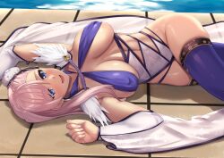 1girl blue_eyes blue_one-piece_swimsuit blue_thighhighs blush breasts bun_cover cleavage covered_erect_nipples criss-cross_halter detached_sleeves fate/grand_order fate_(series) hair_bun hair_ribbon halterneck highleg highleg_one-piece_swimsuit highres large_breasts long_hair looking_at_viewer miyamoto_musashi_(fate) miyamoto_musashi_(fate/grand_order) miyamoto_musashi_(swimsuit_berserker)_(fate) miyamoto_musashi_(swimsuit_berserker)_(third_ascension)_(fate) one-piece_swimsuit open_mouth pink_hair ribbon ryouya single_side_bun smile solo swept_bangs swimsuit thighhighs thighs two-tone_swimsuit white_one-piece_swimsuit wide_sleeves