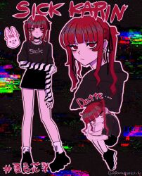 Rule 34 | 1girl, bare legs, black choker, black hoodie, black nails, black ribbon, black shirt, blunt bangs, chain necklace, character name, chibi, chibi inset, choker, commentary request, cropped torso, earrings, empty eyes, english text, expressionless, eyeshadow, fashion, full body, glitch, hair ribbon, halftone, hashtag, highres, holding own arm, hood, hood down, hoodie, hugging own legs, jewelry, jitome, layered sleeves, long hair, long sleeves, looking at viewer, looking to the side, loose socks, makeup, mascara, miki (paramoremiki), multicolored hair, natsuki karin, necklace, outline, platform footwear, red eyes, red hair, ribbon, romaji text, sanpaku, shirt, short over long sleeves, short sleeves, socks, song name, striped sleeves, stud earrings, synthesizer v, twintails, twitter username, white outline, white socks