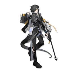 Rule 34 | 1boy, :d, arknights, belt, black footwear, black hair, black jacket, black pants, briefcase, cane, corroserum (arknights), full body, hair over one eye, hand up, head tilt, highres, holding, holding briefcase, infection monitor (arknights), jacket, jacknife, long hair, long sleeves, looking at viewer, male focus, official art, open mouth, pants, pointy ears, shoes, smile, standing, tail, transparent background, yellow eyes