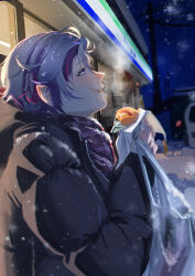Rule 34 | 1boy, bag, black coat, breath, chewing, coat, cold, convenience store, eating, eyelashes, food, from side, fuwa minato, hair between eyes, highres, holding, holding food, looking up, male focus, multicolored hair, nijisanji, plaid, plaid scarf, pointy ears, power lines, purple eyes, scarf, shop, shopping bag, short hair, snow, snow on body, solo, streaked hair, tebeneme3, teeth, upper teeth only, utility pole, virtual youtuber, winter, winter clothes, winter coat