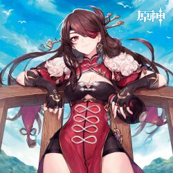 Rule 34 | 1girl, absurdres, beidou (genshin impact), bird, blue sky, bottle, breasts, brown hair, cleavage, cloud, colored eyepatch, commentary request, copyright name, dress, earrings, eyepatch, fingerless gloves, from below, fur collar, genshin impact, gloves, hair ornament, hair stick, highres, hitoto, jewelry, long hair, looking at viewer, medium breasts, official art, one eye covered, pelvic curtain, railing, red dress, red eyes, single earring, sky, smile, solo, thighs