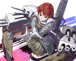Rule 34 | 1girl, absurdres, adapted turret, blush, braid, breasts, cannon, dress, gegeron, gloves, goat, grey dress, highres, kantai collection, large breasts, long hair, long sleeves, looking at viewer, machinery, mast, nevada (kancolle), red eyes, red hair, rigging, signature, smile, solo, thighhighs, turret, white background, white gloves