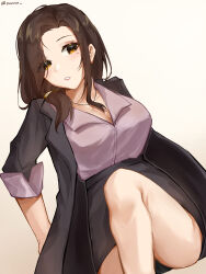Rule 34 | 1girl, absurdres, black jacket, black skirt, blazer, blush, breasts, brown eyes, brown hair, cleavage, closed mouth, enzone, eyebrows hidden by hair, eyes visible through hair, gotou airi, hairband, hand in pocket, hige wo soru. soshite joshikousei wo hirou., highres, jacket, large breasts, long hair, looking at viewer, mole, mole under eye, open clothes, open jacket, shirt, sitting, skirt, solo, standing, teeth, thighs, watch, wristwear