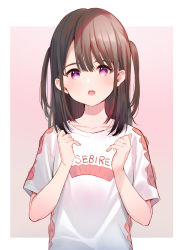 Rule 34 | 1girl, absurdres, black hair, blush, clothes writing, commentary, hair between eyes, hands up, highres, long hair, looking at viewer, meito (maze), open mouth, original, pink background, purple eyes, romaji text, shirt, short sleeves, solo, two-tone background, two side up, upper body, white background, white shirt