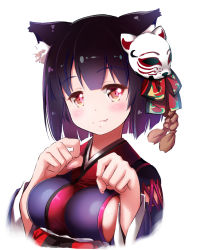Rule 34 | 1girl, animal ear fluff, animal ears, azur lane, black hair, bow, breasts, cat ears, cat mask, commentary request, fang, hair bow, hair ribbon, highres, japanese clothes, looking at viewer, mask, mask on head, medium breasts, mochizuki saku, paw pose, purple hair, ribbon, short hair, sideboob, grey eyes, simple background, smile, solo, upper body, white background, yamashiro (azur lane)