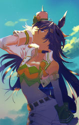 Rule 34 | 1girl, absurdres, akaya shiki, animal ears, arm at side, arm up, artist name, bandeau, blouse, breasts, brown hair, choker, cleavage, closed mouth, cloud, collarbone, commentary request, cropped jacket, floating hair, green shirt, hair ornament, hairclip, hand in own hair, hat, highres, horse ears, horse girl, horse tail, jacket, long hair, looking up, midriff, mini hat, mini top hat, mr. c.b. (umamusume), navel, outdoors, pants, shirt, single sleeve, small breasts, smile, solo, tail, top hat, umamusume, white jacket, white pants, wrist cuffs