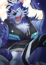 Rule 34 | 1boy, absurdres, animal nose, blue eyes, blue fur, body fur, commentary request, diagonal stripes, fangs, fangs out, furrowed brow, furry, furry male, highres, kou (kouga0225), male focus, muscular, muscular male, open mouth, shirt, short hair, smile, snout, solo, striped, striped background, teeth, thick eyebrows, tindalos (housamo), tokyo houkago summoners