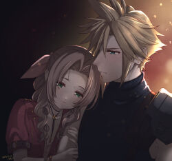Rule 34 | 1boy, 1girl, aerith gainsborough, armor, artist name, blonde hair, blue eyes, blue shirt, braid, braided ponytail, brown hair, choker, closed mouth, cloud strife, couple, dated, dress, earrings, final fantasy, final fantasy vii, final fantasy vii rebirth, final fantasy vii remake, flower choker, gold saucer, green eyes, hair between eyes, hair ribbon, half-closed eyes, hetero, holding another&#039;s arm, jacket, jewelry, krudears, long hair, parted bangs, pink dress, pink ribbon, red jacket, ribbon, shirt, short hair, short sleeves, shoulder armor, sidelocks, single braid, single earring, single shoulder pad, sleeveless, sleeveless turtleneck, spiked hair, square enix, suspenders, turtleneck, upper body, wavy hair