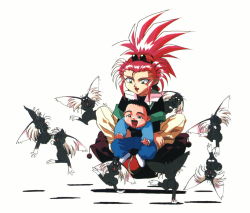 Rule 34 | 1990s (style), 1boy, 1girl, baby, green eyes, hair slicked back, hakubi washuu, red hair, retro artstyle, ryou-ouki, scan, scan artifacts, spiked hair, tenchi muyou!, white background