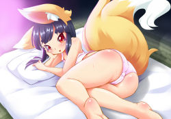 Rule 34 | 1girl, animal ears, ass, barefoot, black hair, blush, fox ears, fox tail, looking at viewer, lying, on side, open mouth, original, panties, red eyes, short hair, sidelocks, smile, solo, sweat, tail, tsune-hime, ukan muri, underwear, underwear only