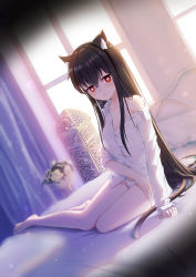 Rule 34 | 1girl, absurdres, animal ears, bare shoulders, barefoot, bed, black hair, black tail, bottomless, bra strap, breasts, bright pupils, cat ears, cat girl, cat tail, chiya 1589505970, cleavage, collarbone, hair between eyes, heart, heart-shaped pupils, highres, long hair, looking at viewer, no pants, on bed, original, panties, parted lips, red eyes, sidelocks, sitting, small breasts, solo, sunlight, symbol-shaped pupils, tail, underwear, white panties, white pupils, window, yokozuwari