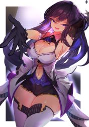 Rule 34 | 1girl, absurdres, black gloves, black shorts, black sleeves, blue eyes, blue hair, breasts, cleavage, cleavage cutout, clothing cutout, detached sleeves, gloves, highres, idol, idol clothes, kimura gin, kson, large breasts, long hair, looking at viewer, mole, mole under eye, multicolored hair, navel, navel cutout, outstretched hand, purple hair, shorts, souchou, streaked hair, thighhighs, virtual youtuber, vshojo, vshojo idol uniform, white thighhighs