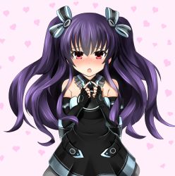 Rule 34 | 10s, 1girl, bare shoulders, blush, dress, elbow gloves, fidgeting, fingerless gloves, gloves, grav, hair ornament, hair ribbon, highres, index fingers together, long hair, looking up, neptune (series), purple hair, red eyes, ribbon, solo, tears, two side up, uni (neptunia)