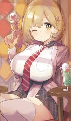 Rule 34 | 10s, 1girl, ;), blonde hair, breasts, brown eyes, cup, drinking glass, energy gun, food, gun, hair ornament, hairclip, heart, holding, holding gun, holding weapon, huge breasts, ice cream, long sleeves, narusawa ryouka, necktie, occultic;nine, one eye closed, ray gun, sitting, skirt, smile, solo, tetsujin momoko, thighhighs, weapon, white thighhighs