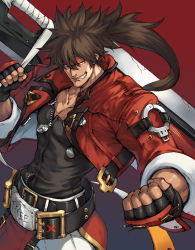 Rule 34 | 1boy, belt, black belt, black gloves, brown hair, clenched teeth, cropped jacket, fingerless gloves, gloves, guilty gear, guilty gear strive, headband, highres, holding, holding weapon, huge weapon, jacket, junkyard dog mk iii, long hair, makimura shunsuke, muscular, muscular male, open clothes, open jacket, pants, red background, red headband, red jacket, sleeves rolled up, sol badguy, teeth, weapon, white pants, zipper pull tab