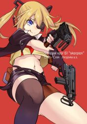 Rule 34 | 1girl, :p, asymmetrical legwear, blonde hair, blue eyes, breasts, dual wielding, eyepatch, girls&#039; frontline, gun, highres, holding, medium breasts, midriff, nakiusagi, navel, red background, simple background, single thighhigh, skorpion (girls&#039; frontline), small breasts, smile, solo, submachine gun, thighhighs, tongue, tongue out, trigger discipline, underboob, weapon