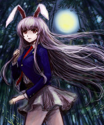 Rule 34 | 1girl, animal ears, bad id, bad pixiv id, bamboo, bamboo forest, blazer, female focus, forest, full moon, jacket, long hair, moon, nature, necktie, night, purple hair, rabbit ears, red eyes, red necktie, reisen udongein inaba, sketch, solo, tafuto, touhou, very long hair