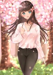 Rule 34 | 1girl, :d, absurdres, black pants, blurry, blurry background, breasts, brown hair, cherry blossoms, commentary request, day, depth of field, flower, green eyes, hair flower, hair ornament, head tilt, highres, kurosawa dia, long hair, long sleeves, love live!, love live! sunshine!!, open mouth, outdoors, pants, petals, pink flower, pink shirt, shirt, sin (sin52y), small breasts, smile, solo, spring (season), tree, very long hair