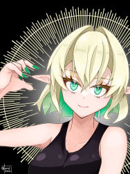 Rule 34 | 1girl, black tank top, blonde hair, breasts, closed mouth, collarbone, commentary request, eyelashes, green eyes, green nails, highres, lips, medium breasts, mizuhashi parsee, nail polish, pointy ears, smile, tank top, tomekami, touhou, upper body