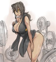 Rule 34 | 1girl, animal ears, bear ears, bear tail, black hair, bottomless, breasts, character request, cleavage, dark skin, dark-skinned female, electric fan, exaxuxer, fanning crotch, hand on thigh, hot, kuu-chan (exaxuxer), large breasts, long hair, no panties, off shoulder, original, panda ears, sketch, solo, sweat, tail, yellow eyes