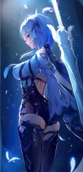 Rule 34 | absurdres, backless leotard, blue cape, blue hair, cape, clothing cutout, duplicate, eula (genshin impact), from behind, genshin impact, highres, leotard, looking back, pixel-perfect duplicate, shoulder cutout, solo, song of broken pines (genshin impact), sword, syafa, thighhighs, weapon