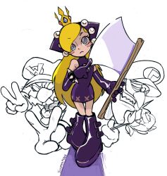 Rule 34 | 1girl, 2boys, artist name, axe, bare shoulders, belt boots, black dress, black footwear, black gloves, blonde hair, blue eyes, blush stickers, boots, bracelet, closed mouth, crown, double v, dress, elbow gloves, full body, gloves, head tilt, highres, holding, holding axe, holding wearose, hooded dress, jewelry, knee boots, long hair, looking at viewer, mario (series), mario power tennis, mario tennis, mini crown, multiple boys, nintendo, pigeon-toed, sleeveless, sleeveless dress, solo focus, sooperman, spiked bracelet, spikes, standing, v, waluigi, wario, warupeach