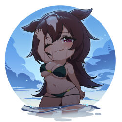 Rule 34 | 1girl, animal ears, arm up, bare arms, bare legs, bare shoulders, bikini, blush, breasts, brown hair, chibi, closed mouth, cloud, commentary, commission, cowboy shot, green bikini, groin, hair between eyes, highres, horse ears, horse girl, horse tail, large breasts, long hair, looking at viewer, multicolored hair, navel, no nose, one eye closed, outdoors, purple eyes, sirius symboli (umamusume), skeb commission, smile, solo, streaked hair, swimsuit, tail, thighs, umamusume, underboob, wading, warashi, water, wet, white hair