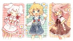 Rule 34 | 3girls, :3, animal ears, blonde hair, blue eyes, blush, bow, closed eyes, dress, egg (food), fang, food, fried egg, hair bow, highres, long sleeves, messy hair, mokarooru, multiple girls, one eye closed, open mouth, original, overalls, pink eyes, pink hair, plaid, plaid background, rabbit ears, rabbit tail, shorts, smile, tail, turtleneck, twintails, wrist cuffs