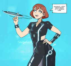 Rule 34 | 1girl, artist name, aurahack, blue background, blue eyes, bodysuit, breasts, brown hair, disc, english text, hair behind ear, hand on own hip, open mouth, original, science fiction, short hair, skin tight, small breasts, solo, speech bubble, spinning, tron