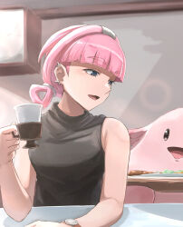Rule 34 | 1girl, :d, blunt bangs, chansey, commentary request, creatures (company), cup, earrings, game freak, gen 1 pokemon, grey eyes, hand up, highres, holding, holding cup, indoors, itsudzumi, jewelry, looking to the side, mollie (pokemon), nintendo, open mouth, pink hair, pokemon, pokemon (anime), pokemon (creature), pokemon horizons, shirt, sleeveless, sleeveless shirt, smile, table, tongue, watch, wristwatch