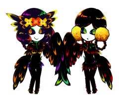 Rule 34 | 2girls, black sclera, colored sclera, colorful, crimtrus, eyeshadow, feathered wings, flower, harpy, makeup, monster girl, multiple girls, noroshi, original, simple background, smile, symbol-shaped pupils, white background, winged arms, wings