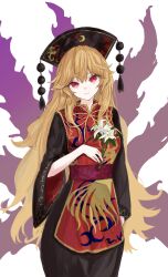 Rule 34 | 1girl, absurdres, black dress, blonde hair, chinese clothes, dress, energy tank, flower, hair flaps, head tilt, highres, holding, holding flower, junko (touhou), kashiwada kiiho, lily (flower), long hair, looking at viewer, phoenix crown, phoenix print, red eyes, red tabard, simple background, solo, tabard, touhou, very long hair, white background