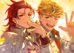 Rule 34 | 2boys, blonde hair, blush, closed mouth, collared shirt, confetti, feather boa, granblue fantasy, green eyes, hand up, idol, jacket, looking at viewer, male focus, multiple boys, necktie, official alternate costume, one eye closed, open clothes, open jacket, open mouth, percival (granblue fantasy), red eyes, red hair, satoimo sanda, shirt, short hair, smile, undercut, upper body, vane (granblue fantasy), white jacket, white shirt