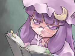 Rule 34 | 1girl, bespectacled, book, bookmark, crescent, female focus, glasses, gradient background, hat, lowres, mob cap, nyagakiya, open book, patchouli knowledge, purple eyes, purple hair, reading, solo, touhou