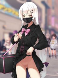 4girls absurdres alternate_costume bag black_dress black_surgical_mask blurry blurry_background bow bowtie breasts cameltoe clothes_lift commission cowboy_shot dress girls&#039;_frontline grey_eyes hair_between_eyes highres jirai_kei long_hair looking_at_viewer m200_(girls&#039;_frontline) mask masked mouth_mask multiple_girls nipples no_panties o_o_(ywsm2327) one_breast_out parted_lips pink_bow pink_bowtie pink_nails qbu-88_(girls&#039;_frontline) skirt skirt_lift smile svd_(girls&#039;_frontline) type_80_(girls&#039;_frontline) white_hair