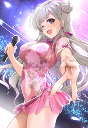 Rule 34 | 1girl, ;d, blush, braid, braided bangs, breasts, chinese clothes, double bun, dress, floral print, glowstick, grey hair, gyaru v, hair bun, highres, hisakawa hayate, holding, holding microphone, idolmaster, idolmaster cinderella girls, large breasts, long hair, looking at viewer, microphone, mk (mod0), one eye closed, open mouth, pink dress, see-through, see-through dress, short sleeves, sideways glance, smile, solo, stage, sweat, v, very long hair