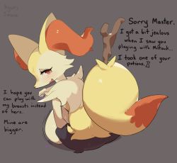 Rule 34 | 1girl, animal ear fluff, animal ears, animal nose, artist name, ass, black fur, blush, body fur, braixen, breast expansion, breasts, creatures (company), english text, fang, female focus, fox ears, fox girl, fox tail, from behind, full body, furry, furry female, game freak, gen 6 pokemon, grey background, half-closed eyes, hand up, highres, holding, honey calamari, huge breasts, looking at viewer, looking back, nintendo, open mouth, pokemon, pokemon (creature), potion, red eyes, signature, simple background, sitting, snout, solo, stick, tail, talking, test tube, text focus, wavy mouth, white fur, yellow fur