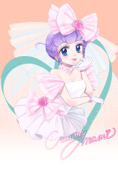 Rule 34 | 1girl, bare shoulders, blue eyes, blush, bow, breasts, character name, cleavage, creamy mami, cursive, detached sleeves, eyelashes, flower, hagihara takeo, heart, idol, lipstick, magical girl, mahou no tenshi creamy mami, makeup, medium breasts, pink bow, pink sleeves, purple hair, rose, simple background, smile, solo, tutu