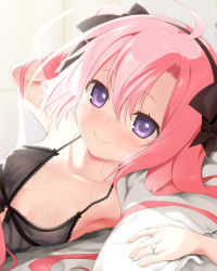 Rule 34 | akazawa red, alternate costume, armpits, azur lane, bed, blush, breasts, collarbone, commentary request, jewelry, lingerie, long hair, looking at viewer, negligee, pillow, pink hair, portrait, purple eyes, resolution mismatch, ring, saratoga (azur lane), small breasts, smile, source larger, underwear, wedding ring
