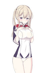 Rule 34 | 10s, 1girl, adapted costume, bad id, bad pixiv id, blonde hair, blue eyes, blush, breasts, capelet, cnm, graf zeppelin (kancolle), hand on own chest, kantai collection, large breasts, long hair, purple eyes, solo, sweatdrop, swimsuit, twintails, wavy mouth