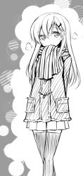 Rule 34 | 10s, 1girl, alternate costume, coat, greyscale, hair ornament, hairclip, kantai collection, looking at viewer, monochrome, personification, pleated skirt, scarf, skirt, solo, suzuya (kancolle), teruui, thighhighs, zettai ryouiki