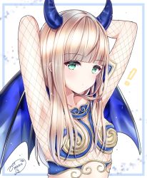 Rule 34 | !, 1girl, :/, armor, arms behind head, arms up, bad id, bad pixiv id, bikini armor, blonde hair, blue border, blue wings, blunt bangs, blush, border, breasts, closed mouth, commentary request, dated, demon girl, demon horns, demon wings, fishnets, green eyes, highres, horns, long hair, looking at viewer, misaki (pixiv30645085), original, simple background, small breasts, solo, teeth, upper teeth only, white background, wings