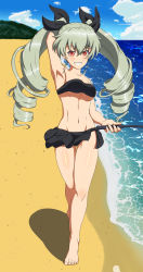 Rule 34 | 1girl, absurdres, ada badguy, anchovy (girls und panzer), arm behind head, armpits, beach, bikini, bikini skirt, black bikini, blush, breasts, cleavage, collarbone, drill hair, girls und panzer, hair ornament, hair ribbon, highres, long hair, looking at viewer, navel, ocean, outdoors, red eyes, ribbon, riding crop, shiny skin, small breasts, smile, solo, swimsuit, twin drills, twintails